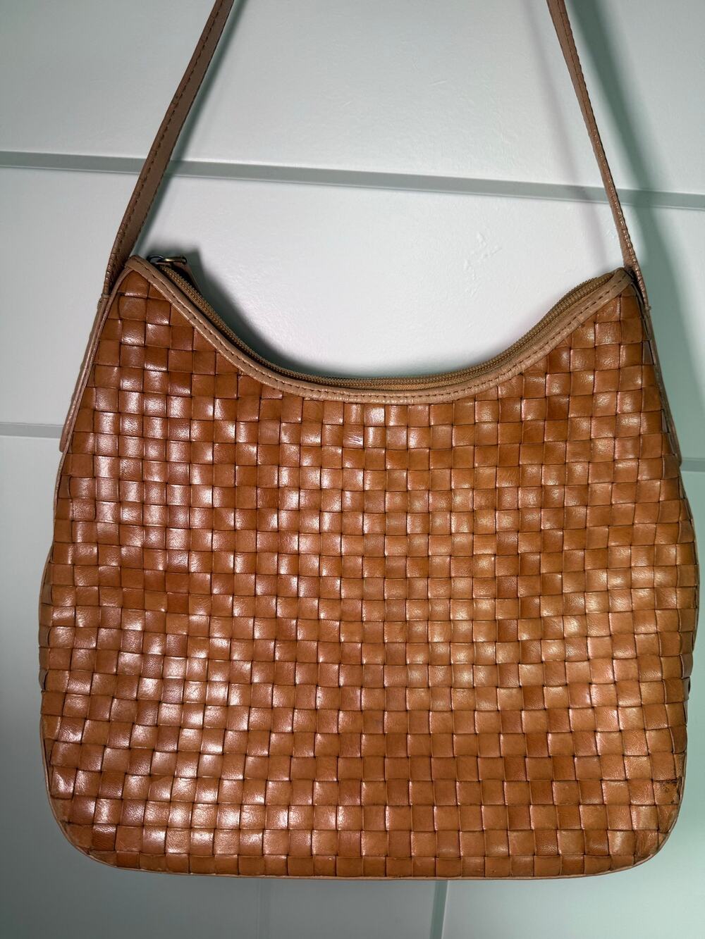 Vintage FOSSIL Woven Leather Hobo Bag 75082 Lattice Basketweave Brown Cognac